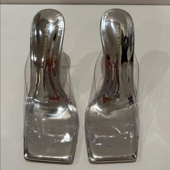Good American Emma Clear Slip On Stiletto Heels Glass Square Toe 4.5in - Picture 4 of 5
